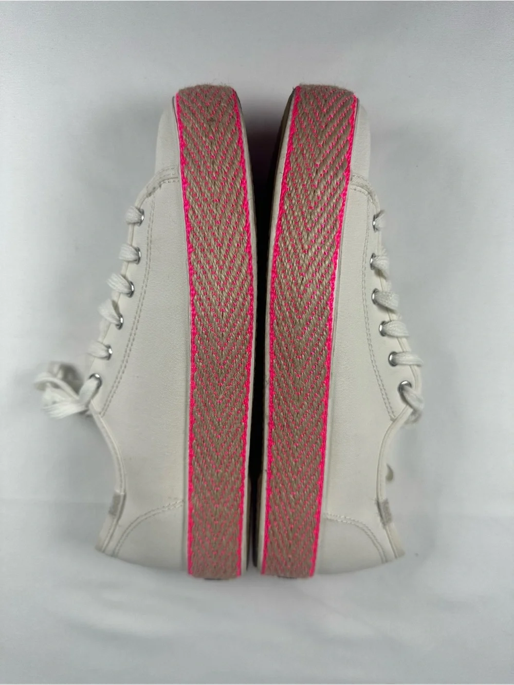 Keds Off-White Canvas Platform Sneakers with Neon Pink Trim